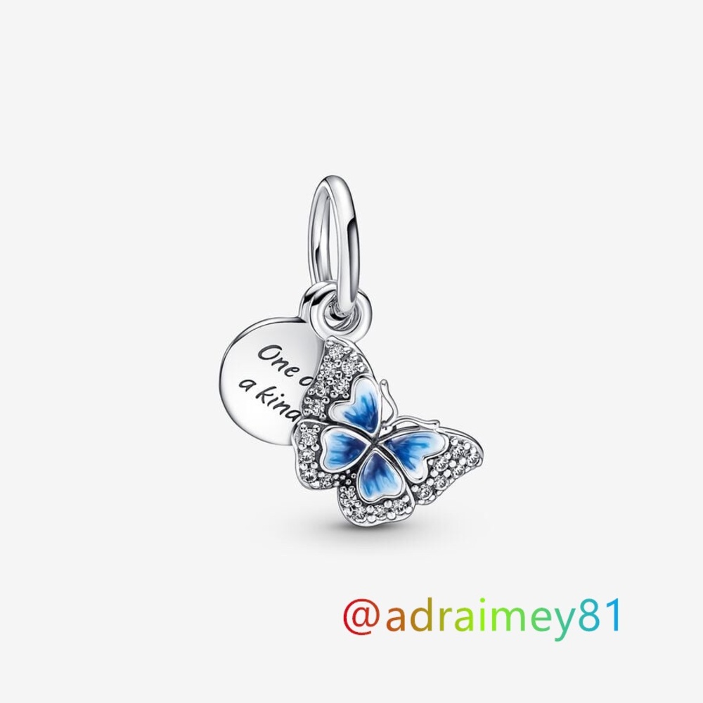 New Pandora Blue Butterfly & Quote Double Dangle Charm